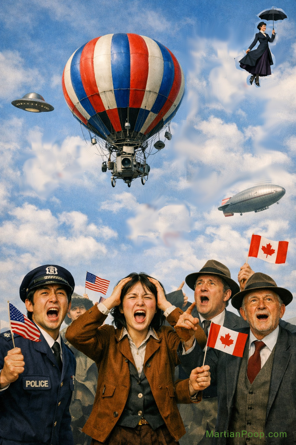 A parody of balloons being watched by people