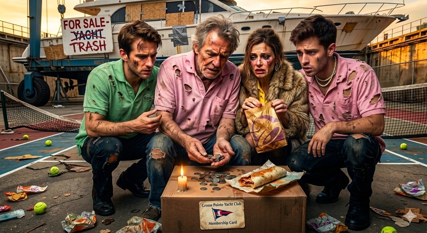 Picture of people in torn cloths with little money, a parody.