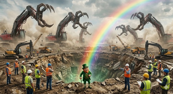 Illustration of construction crew searching for pot of gold