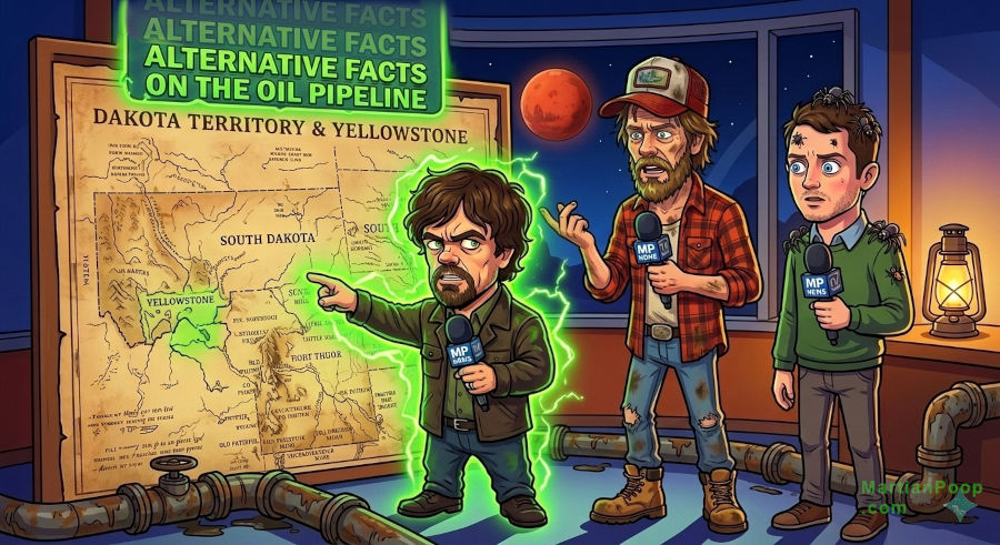 Illustration of actors pointing to oil pipeline map