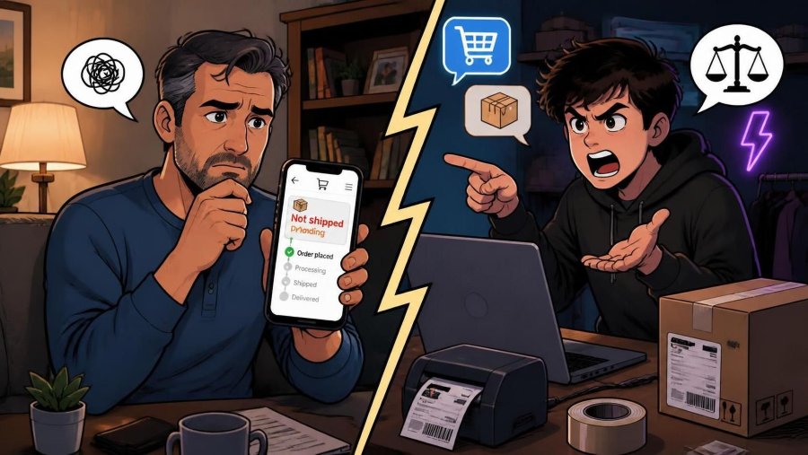 Illustration of buyer waiting and seller yelling