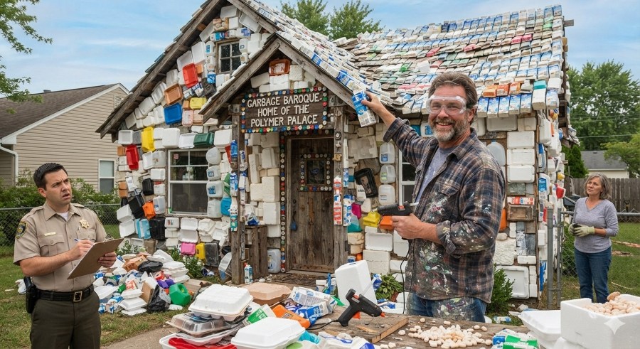 Picture of man outside his styrofoam house